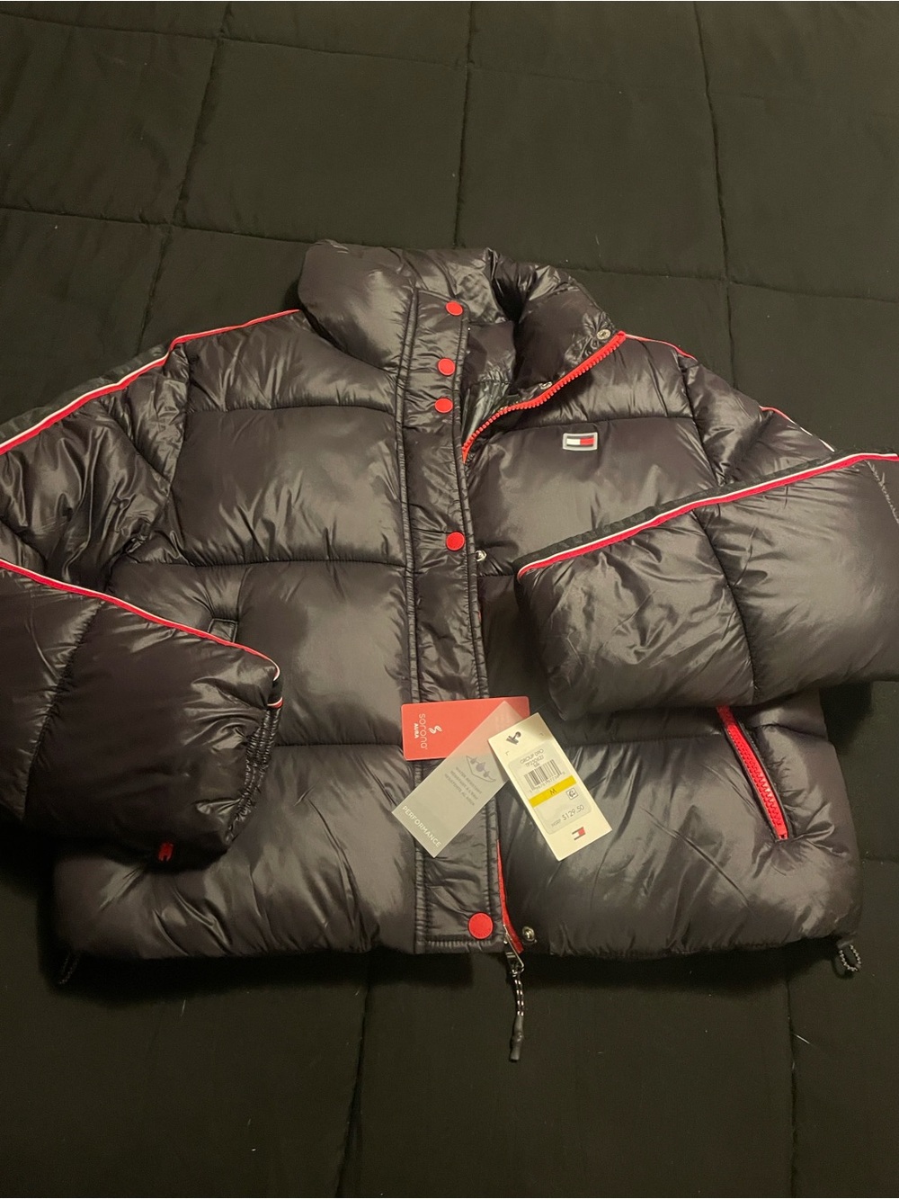 Tommy Hilfiger Black Puffer Jacket with Red Stripe Accents